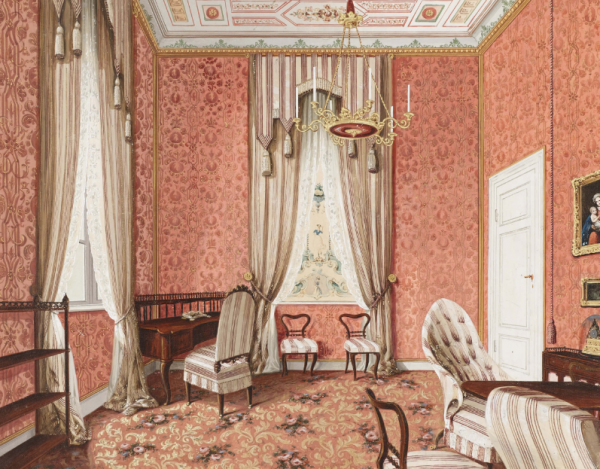 Kafe dengan desain Victorian, lengkap dengan tirai dan hiasan klasik